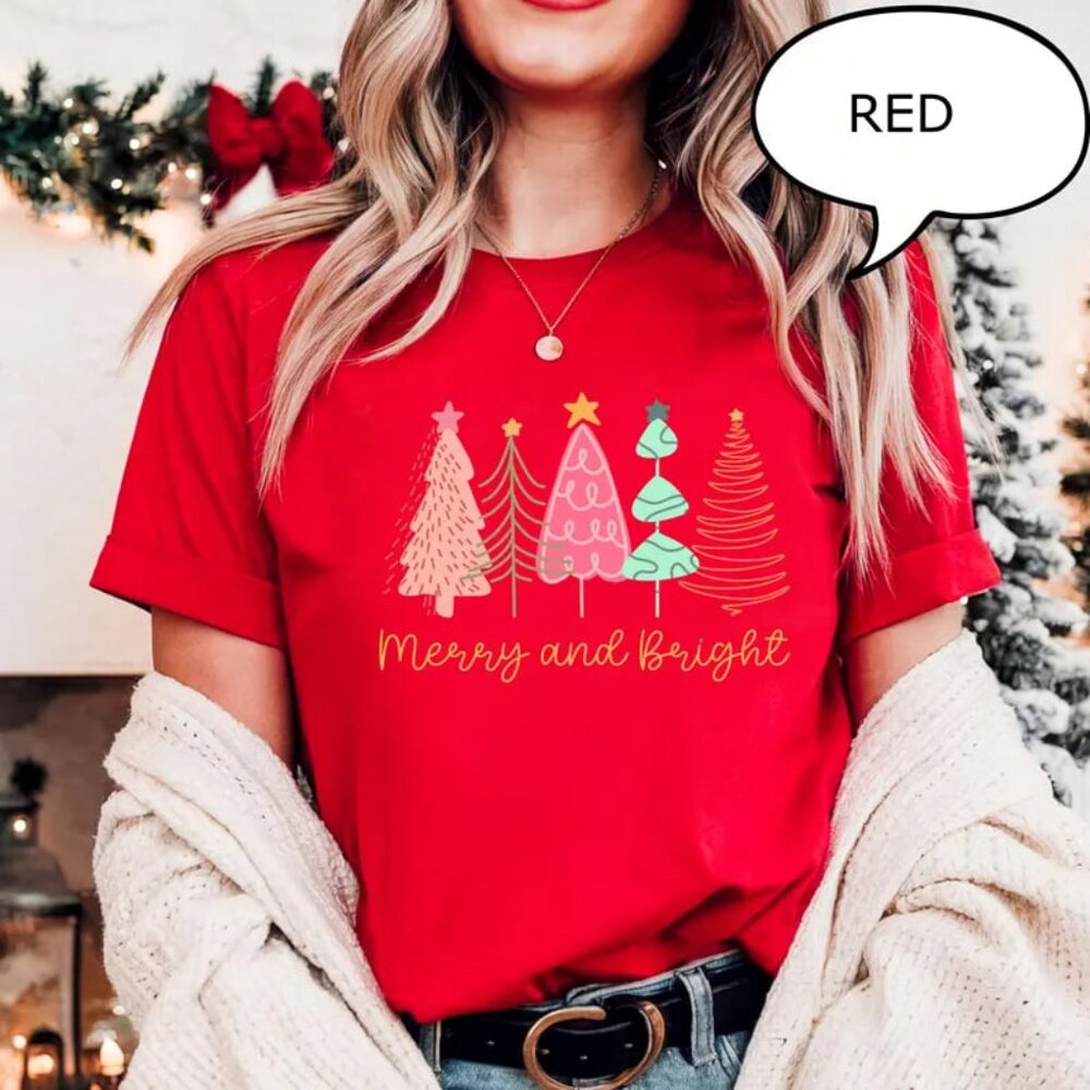Merry And Bright Shirt, Christmas Tree Shirt, Graphic Christmas Tree Tee